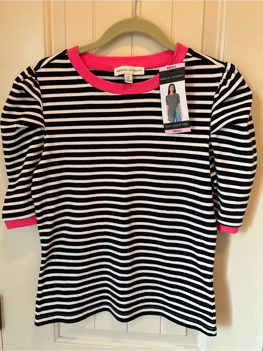Rebecca Minkoff Puff Sleeve Top black white stripes Hot Pink women’s small NWT